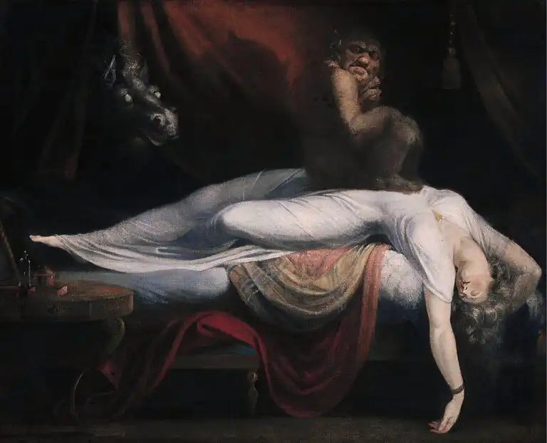 Henry Fuseli's 1781 painting The Nightmare, showing a sleeping woman with a demon crouched on her chest