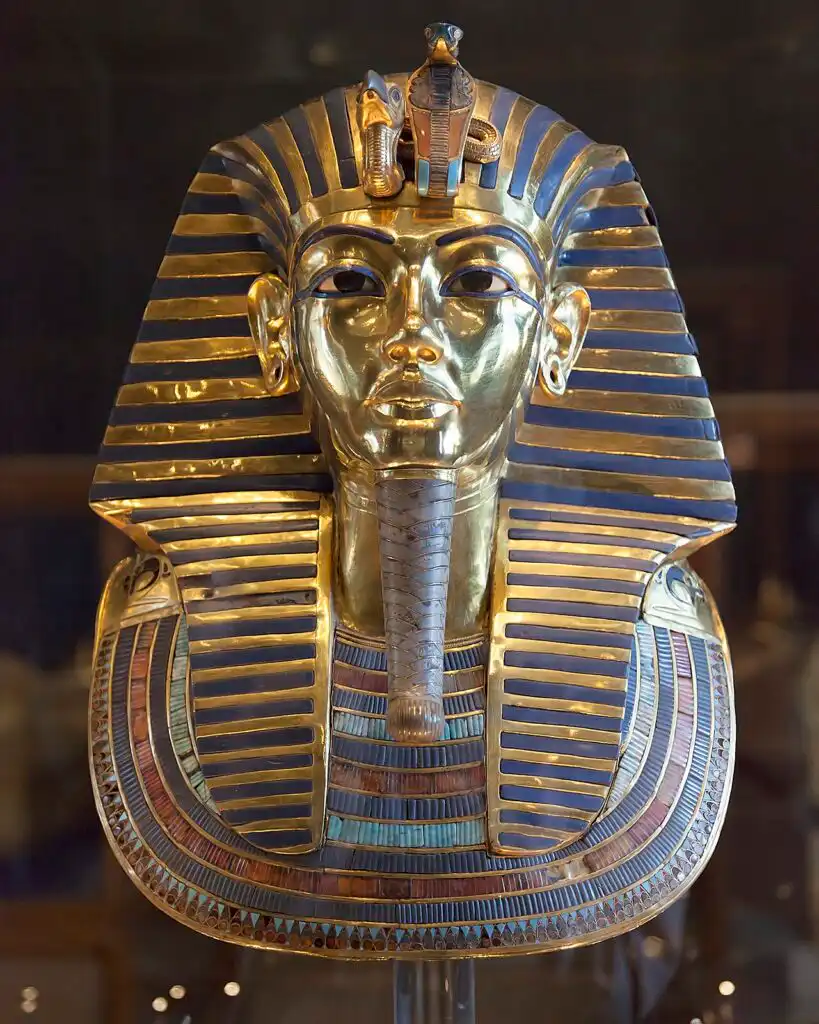 The golden funerary mask of Tutankhamun on display
