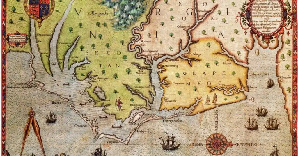 A 1591 map of Virginia by Theodor de Bry, showing the coast where the Roanoke colony was founded