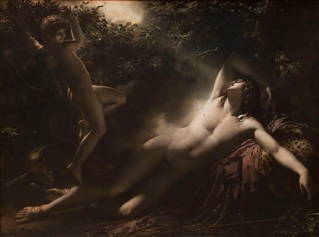 Girodet's painting The Sleep of Endymion, a sleeping youth watched by a winged figure in moonlight, a classical image of sleep and dreams